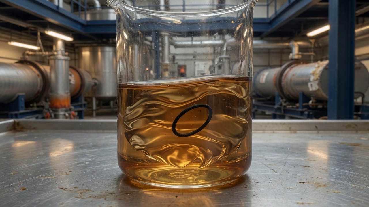Clear beaker of amber calcine process liquor with a small black O-Ring submerged in the liquid, mineral processing plant in the background