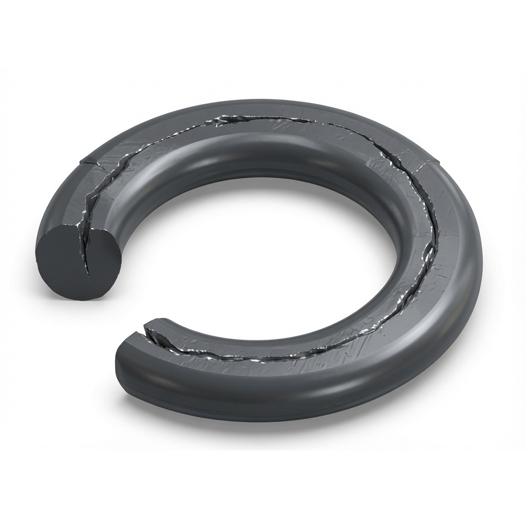 O-Ring damaged by over-compression with a circumferential crack along the cord