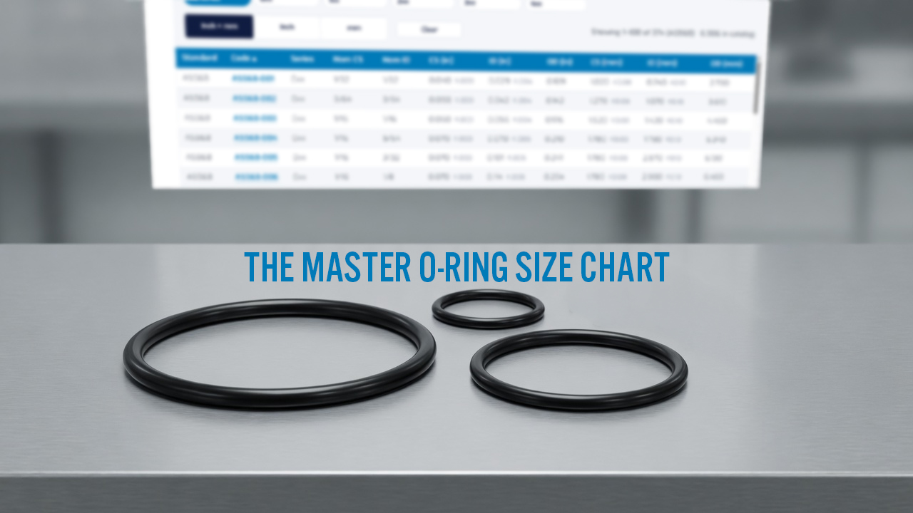 Black rubber O-Ring with round cord cross-section measured by digital calipers on a printed size chart