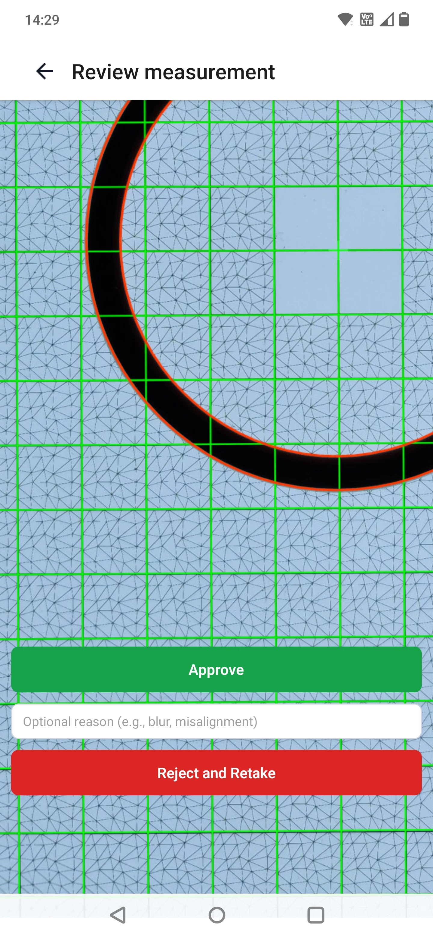 Review the detected inner and outer edges before saving Reviewing detected O-Ring inner and outer edges