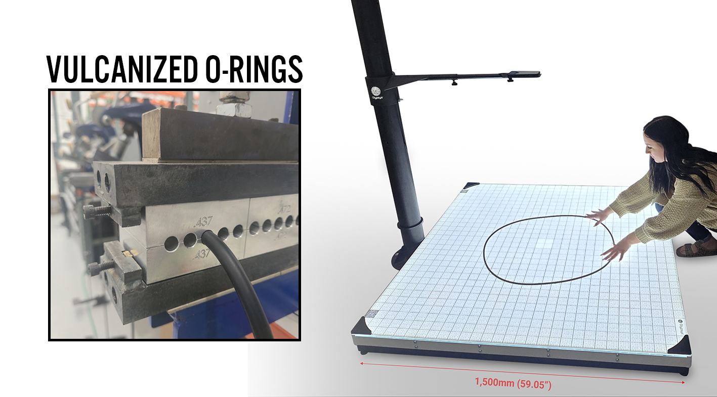Large black vulcanized O-Ring on an Olypsys Large Format Grid, measured with a phone for ID and cross-section verification