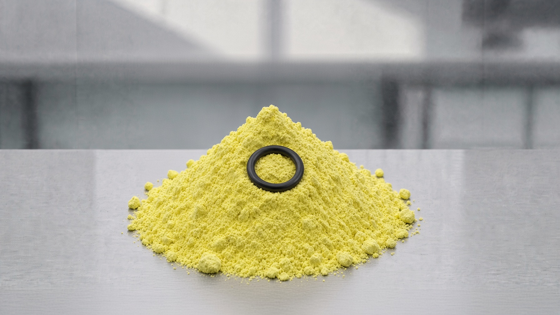 Black rubber O-Ring on frosted glass beside white crystalline dry sulfur trioxide