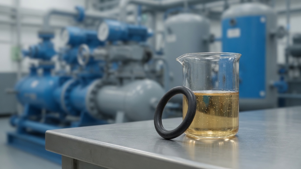 Small black round-cord O-Ring beside a clear beaker of pale amber PAG lubricant, modern rotary screw compressor softly blurred in the background